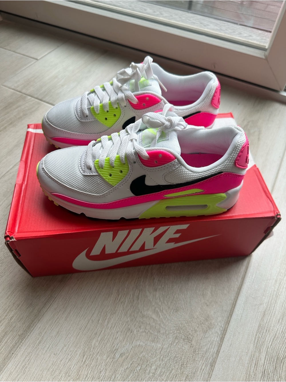 Never worn Nike Women's Air Max 90 White Hot Pink and Volt Sneakers
